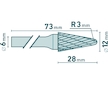 fréza karbidová, konická zakulacená (R 3mm), pr.12x28mm/stopka 6mm,sek střední(double-cut)